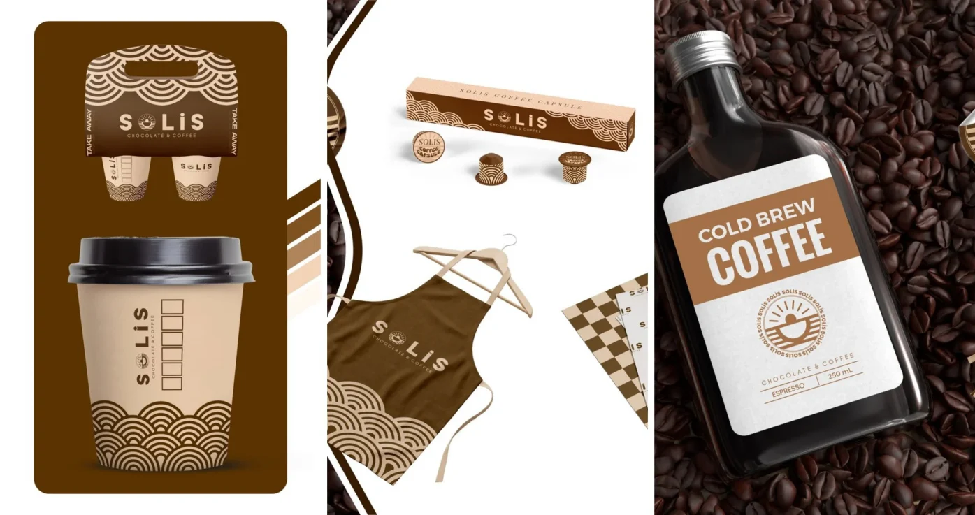 Solis Chocolate & Coffee taşıma kutusu, karton bardak, önlük, kapsül kutusu ve soğuk kahve şişesi tasarımları