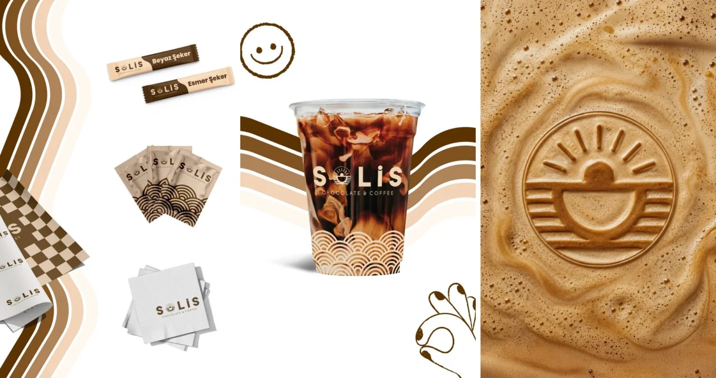 Solis Chocolate & Coffee şeker çubukları, poşet ambalaj, peçete, ambalaj kâğıdı ve buzlu kahve bardağı